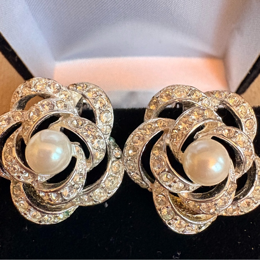 Signed Vendome - Dazzling Silver Crystal Rose Earrings with Pearls